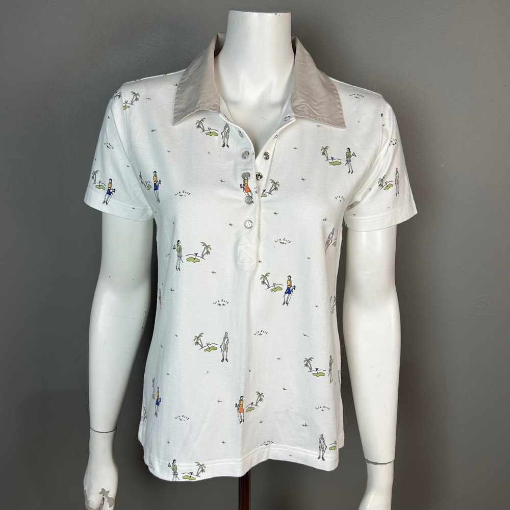 Liz Claiborne Golf Polo Top Womens Medium VTG Novelty Golfcore whimsical preppy